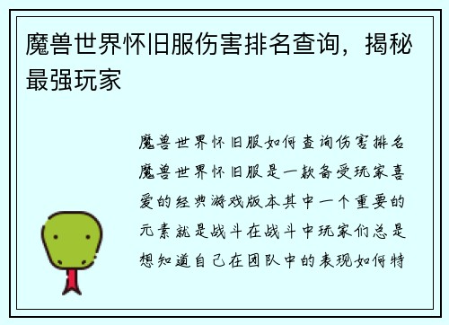 魔兽世界怀旧服伤害排名查询，揭秘最强玩家